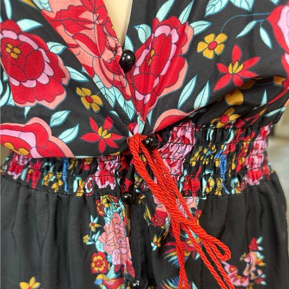 Women's Small Boho Peacock Floral V Neck Hi Low Ruffle Button Down Maxi Dress - Picture 5 of 16